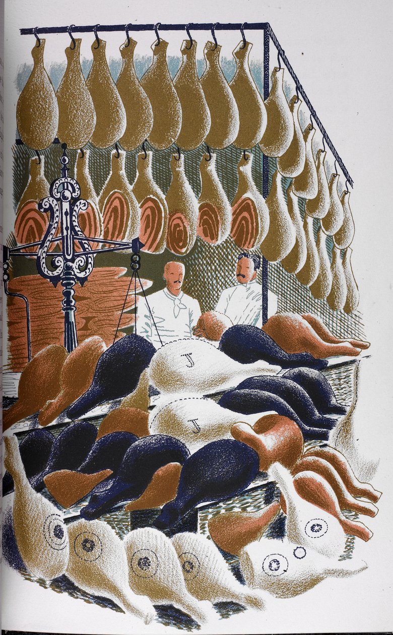 Een uitzicht binnen een slagerij. door Eric Ravilious