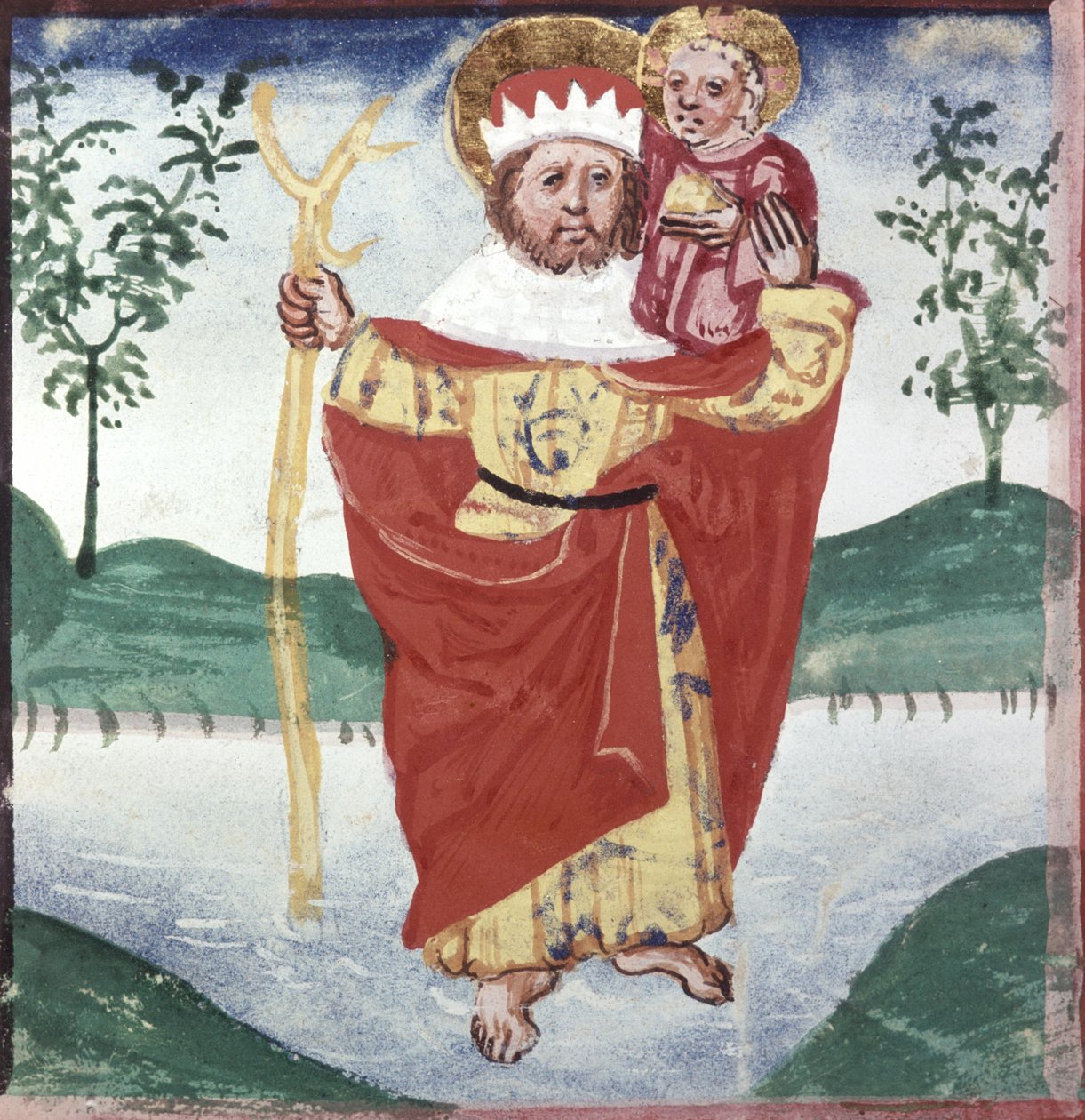 Detail van een paginagrote miniatuur: Sint Christoffel
 (miniatuur) door Erich Lessing