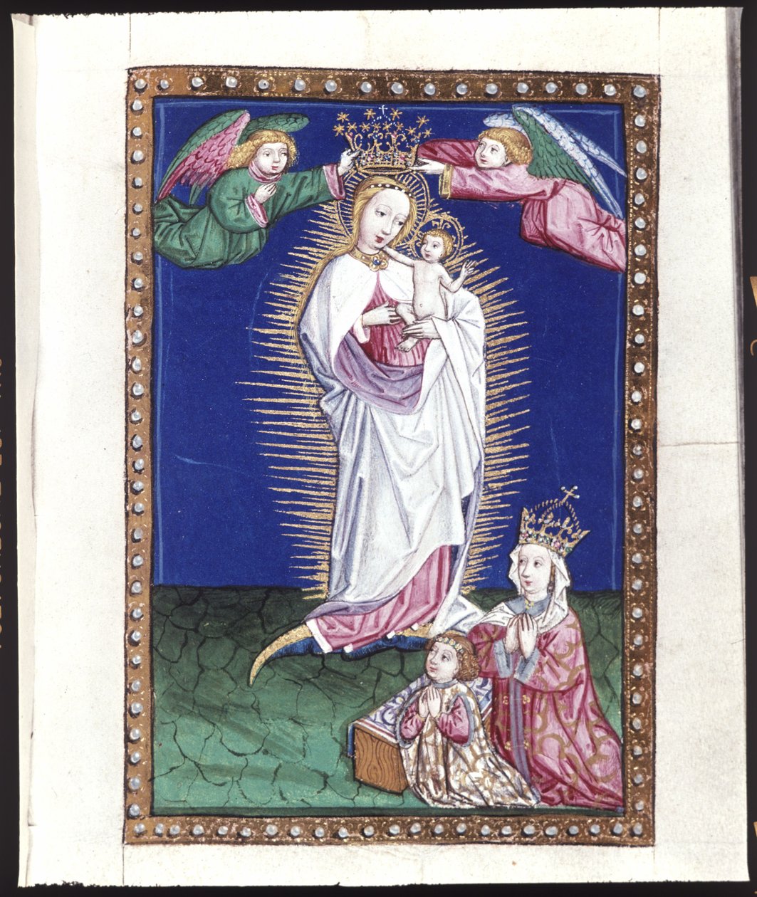 Volledige pagina: miniatuur: Madonna in een aureool, ca. 1464 (tempera op perkament) door Erich Lessing