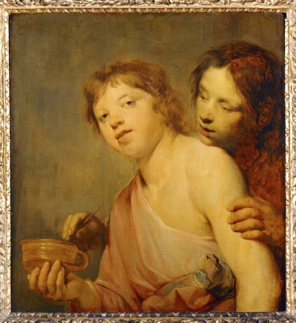 Jongeren steken een pijp aan in een vuurkorf. Allegorie ... door Erich Lessing