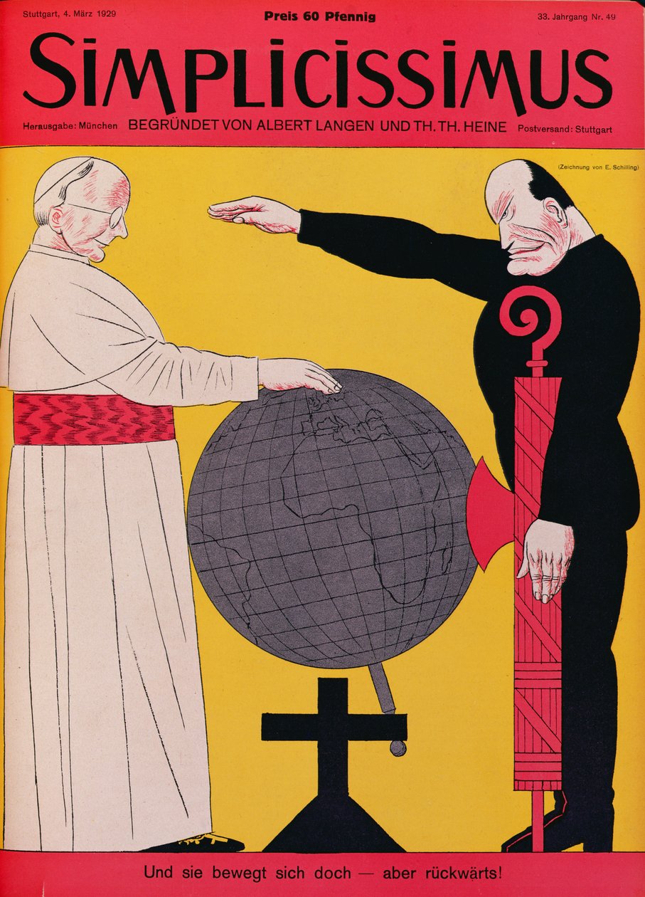 Paus Pius XI (1857-1939) en Mussolini (1883-1945) ten tijde van het Verdrag van Lateranen in 1929, omslagillustratie van 