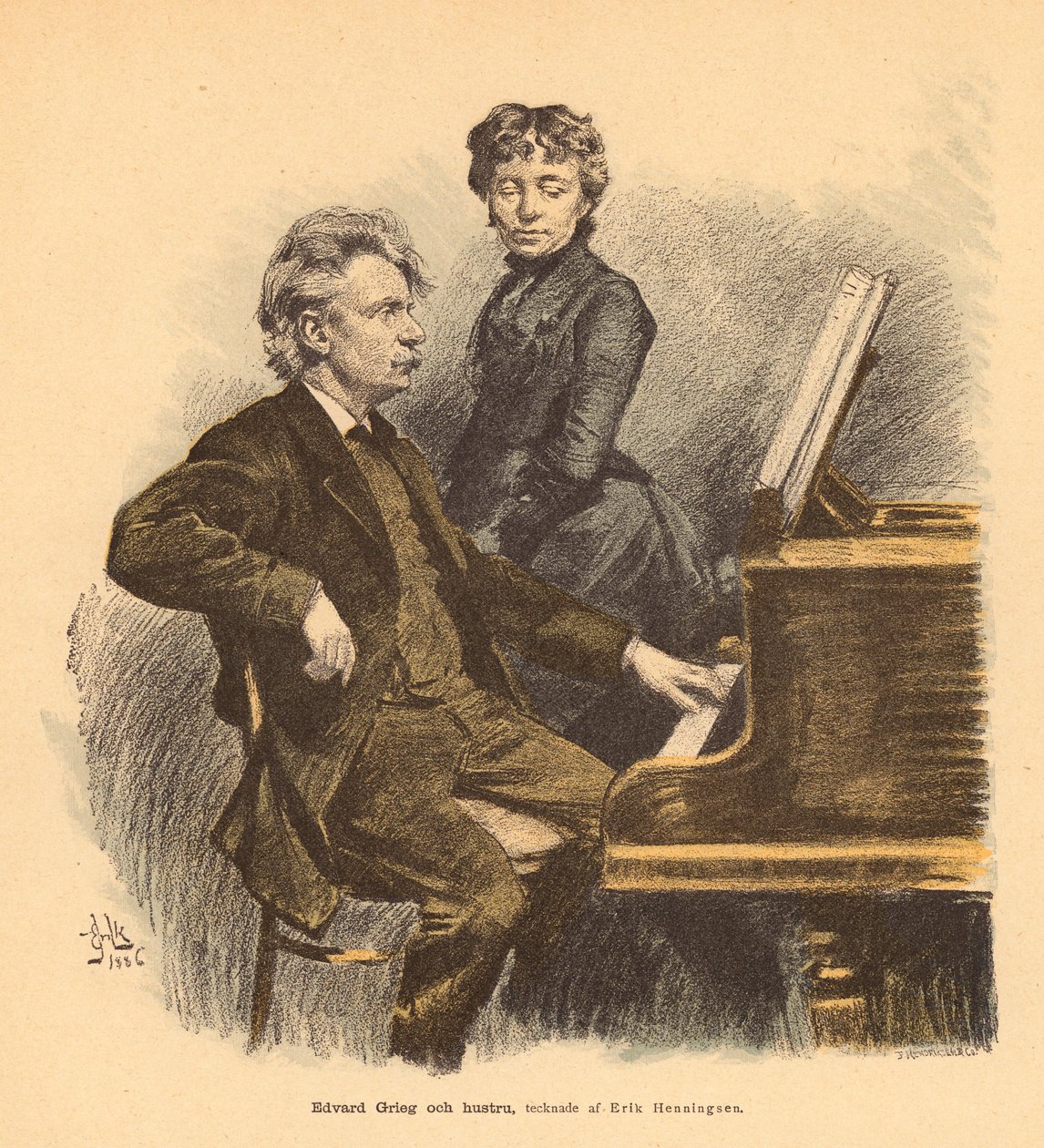 De Noorse componist Edvard Grieg en zijn vrouw (kleurenlitho) door Erik Henningsen