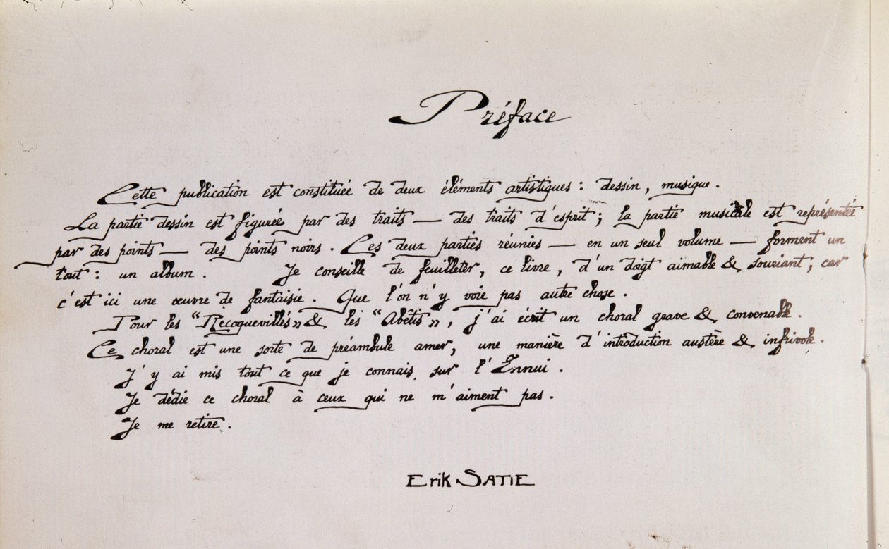 Manuscript voorwoordpagina van bladmuziek met tekeningen door Erik Satie