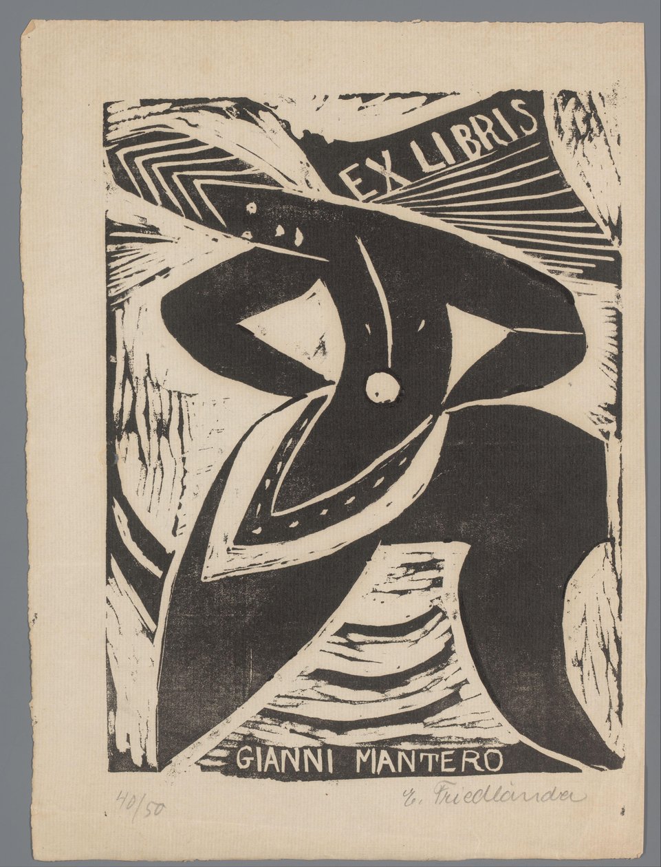 Ex libris van Gianni Mantero door Erna Levy Friedländer (signed by artist)