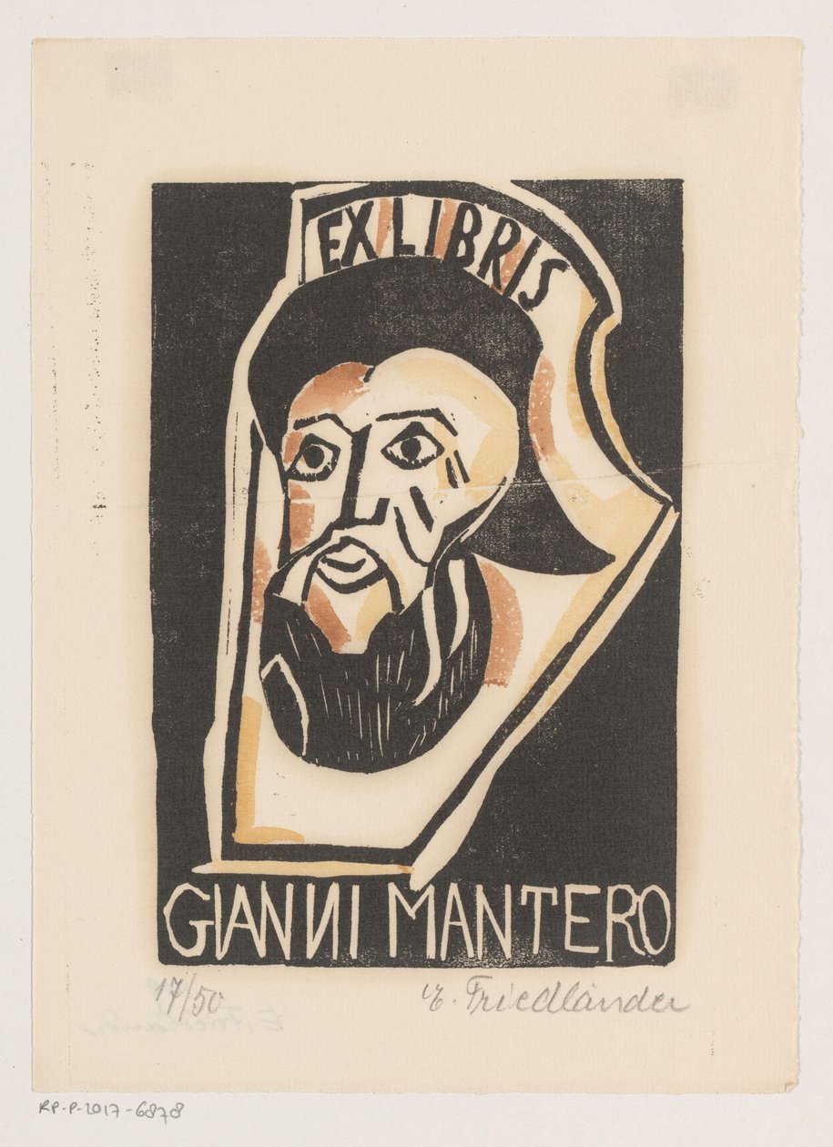 Ex libris van Gianni Mantero door Erna Levy Friedländer (signed by artist)