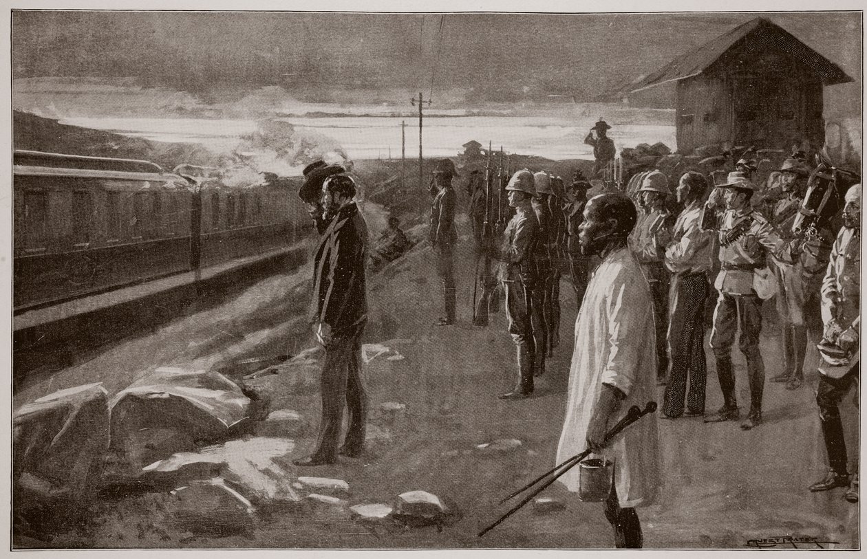 De trein die de resten van Mr. Rhodes vervoert, begroet door de Blockhouse-wachters op weg naar de Matopos-heuvels door Ernest Prater