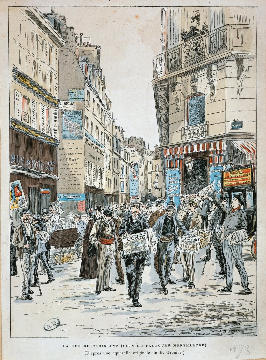 Frankrijk, Parijs, Krantenverkoper in rue du Croissant op de hoek van rue du Faubourg Montmartre in Parijs door Ernest Grenier door Ernest (after) Grenier