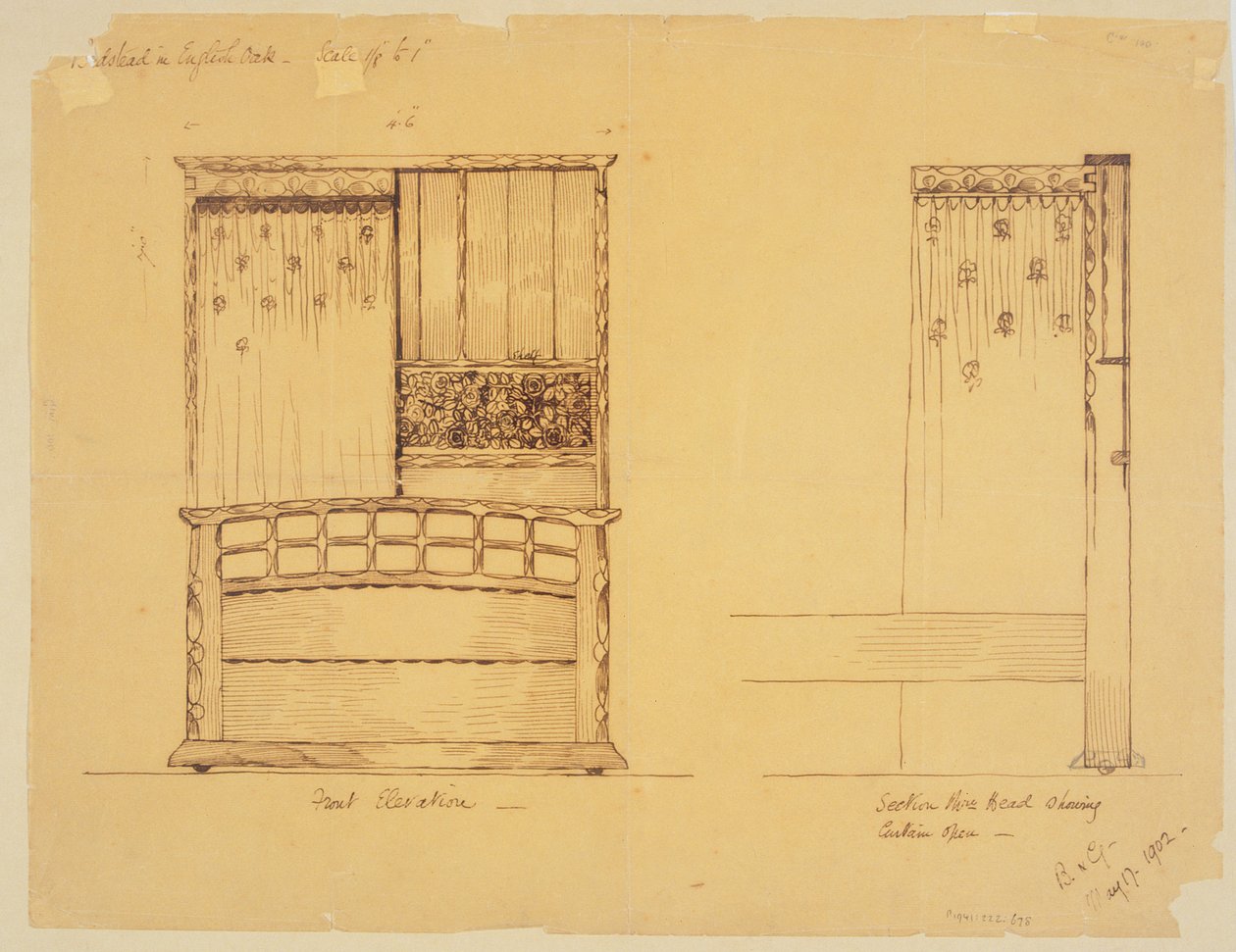 Ontwerp voor een bed in Engels eiken, 1902 door Ernest Barnsley