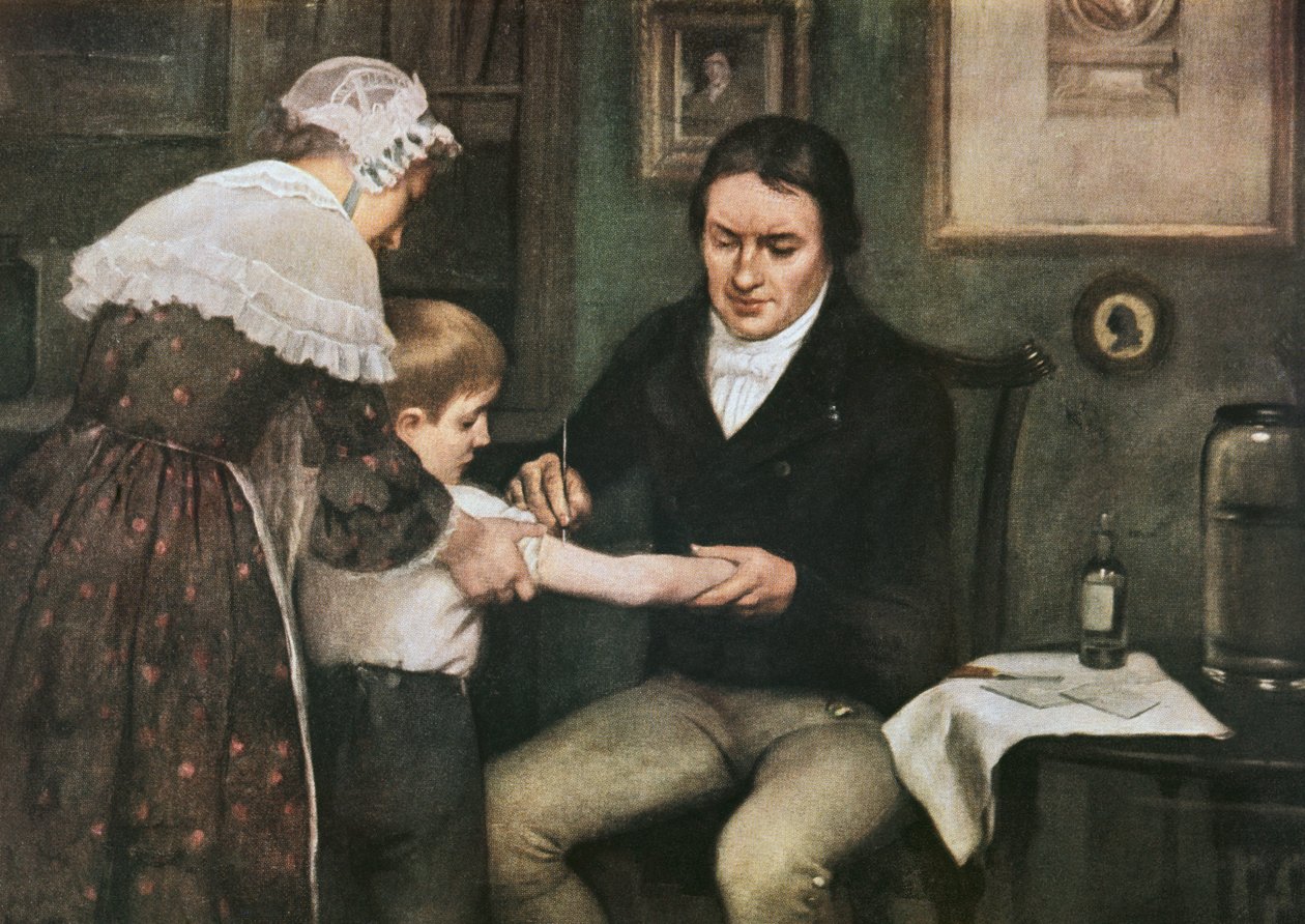 Dr. Edward Jenner (1749-1823) voert zijn eerste vaccinatie tegen pokken uit op James Phipps, een jongen van acht, 14 mei door Ernest Board