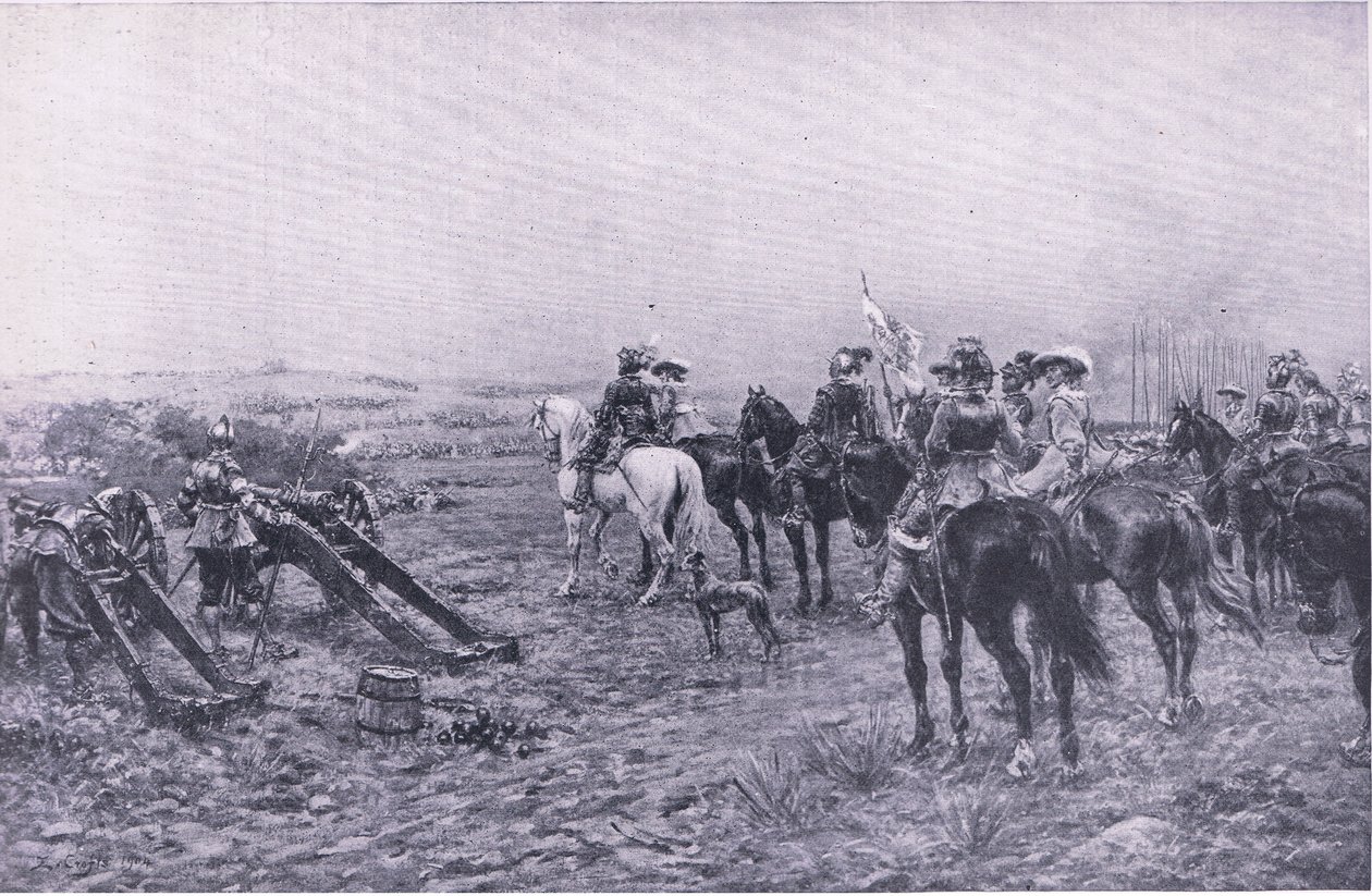 Prins Rupert bij de Slag om Marston, 2 juli 1644, illustratie uit Britse gevechten op land en zee, 1915 door Ernest Crofts