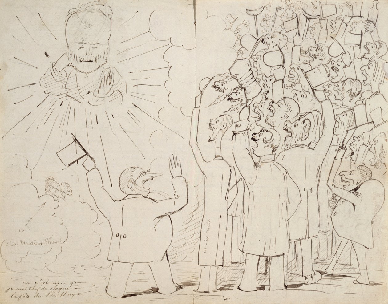 De viering voor Oude Hugo, karikatuur van Victor Hugo (1802-85) uit een brief aan Paul Verlaine, ca. 1880 door Ernest Delahaye