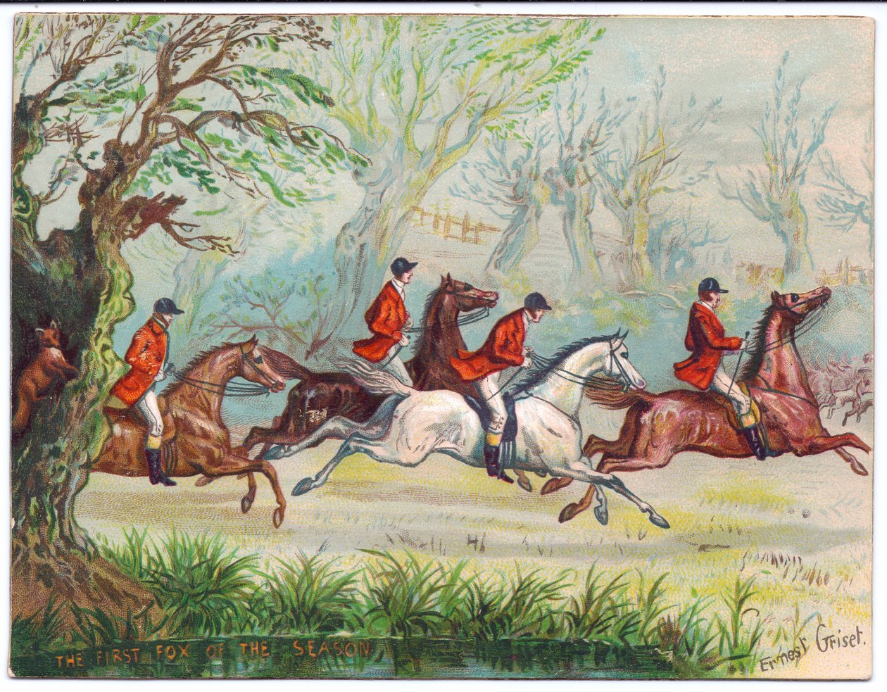 Victoriaanse wenskaart van vossenjagers die voorbij racen terwijl de vos zich in een boom verstopt, ca. 1880 door Ernest Henry Griset