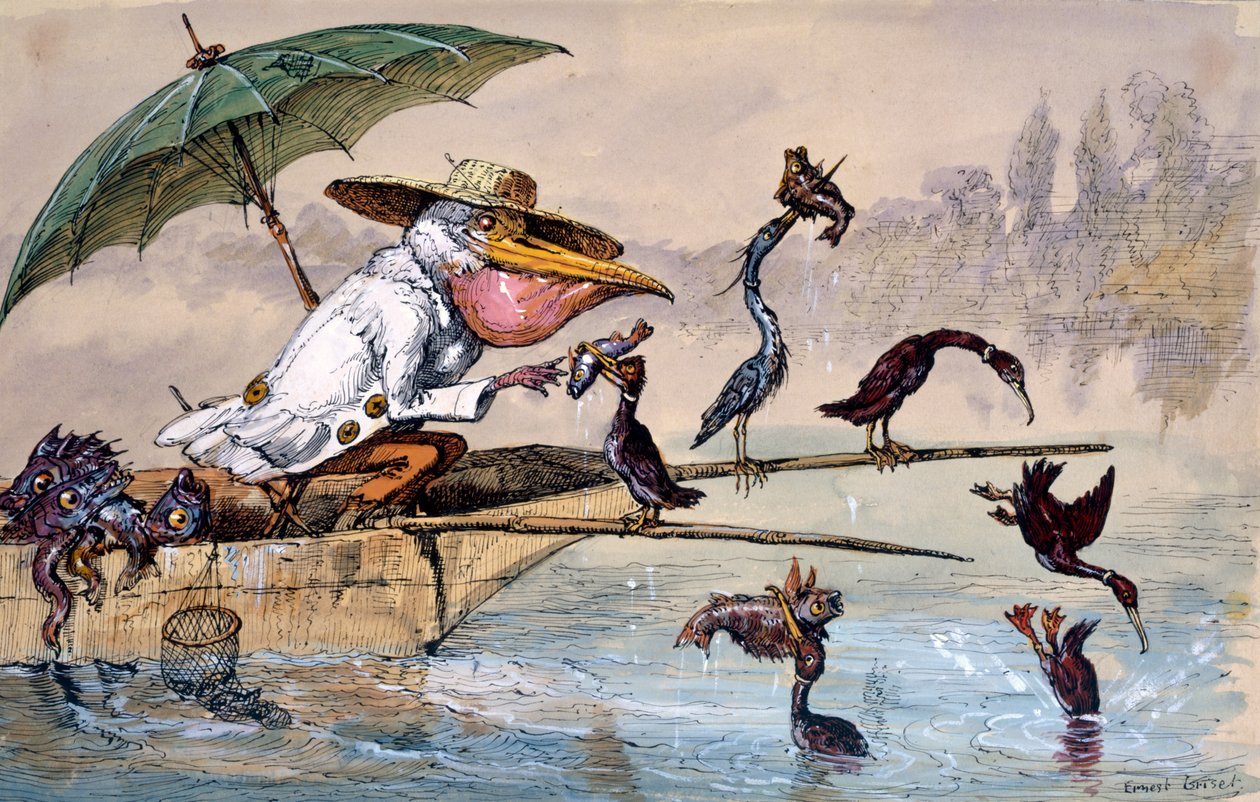 Aalscholvers die vis aanbieden aan een pelikaan in een punter onder een paraplu, ca. 1864-1907 door Ernest Henry Griset