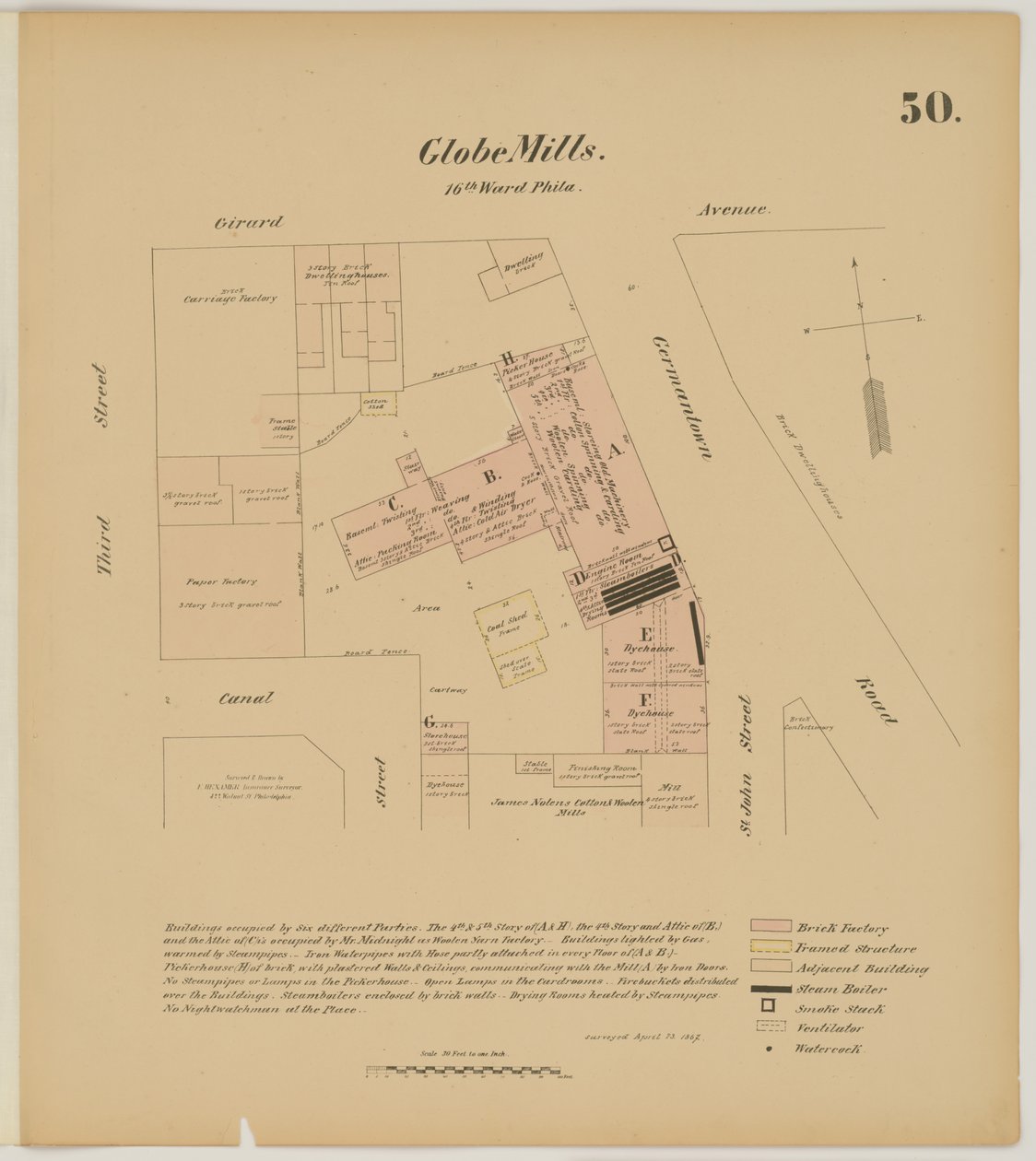 Girard Ave, Germantown Rd, 3rd St en Canal Street, Hexamer General Surveys, 1867 door Ernest Hexamer