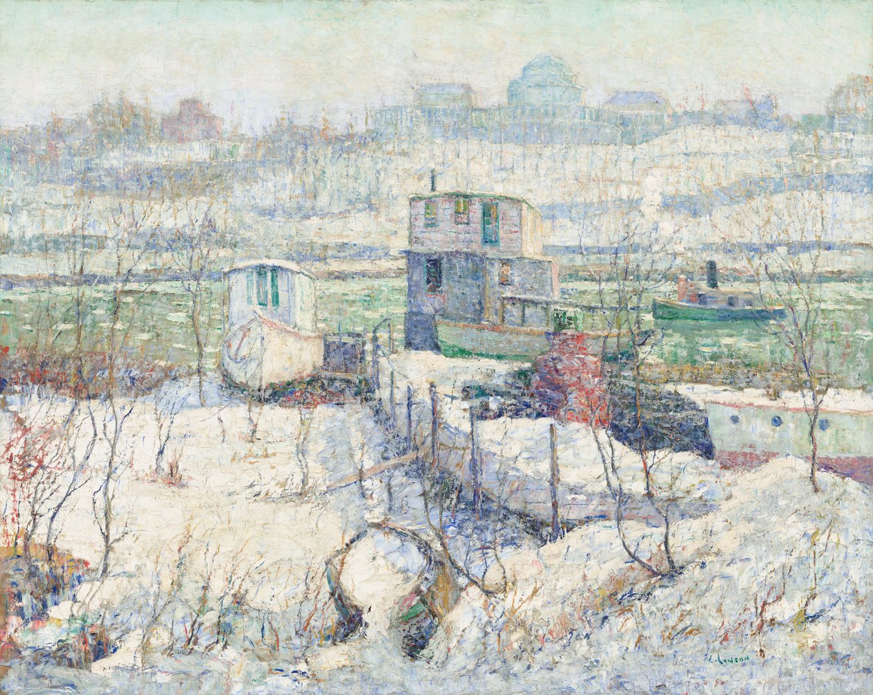 Boothuis, winter, Harlem River, c.1916 (olieverf op doek) door Ernest Lawson