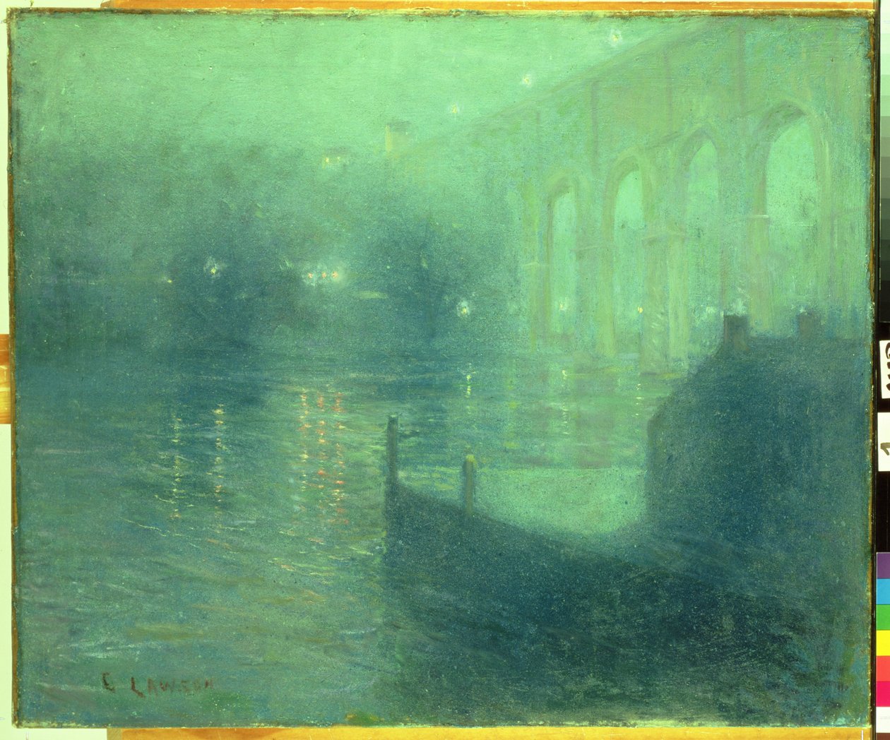 Harlem River bij nacht, blauwe reflectie door Ernest Lawson
