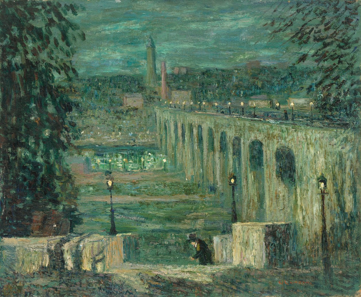 Hoge brug bij nacht, New York City, ca. 1910-1920 door Ernest Lawson