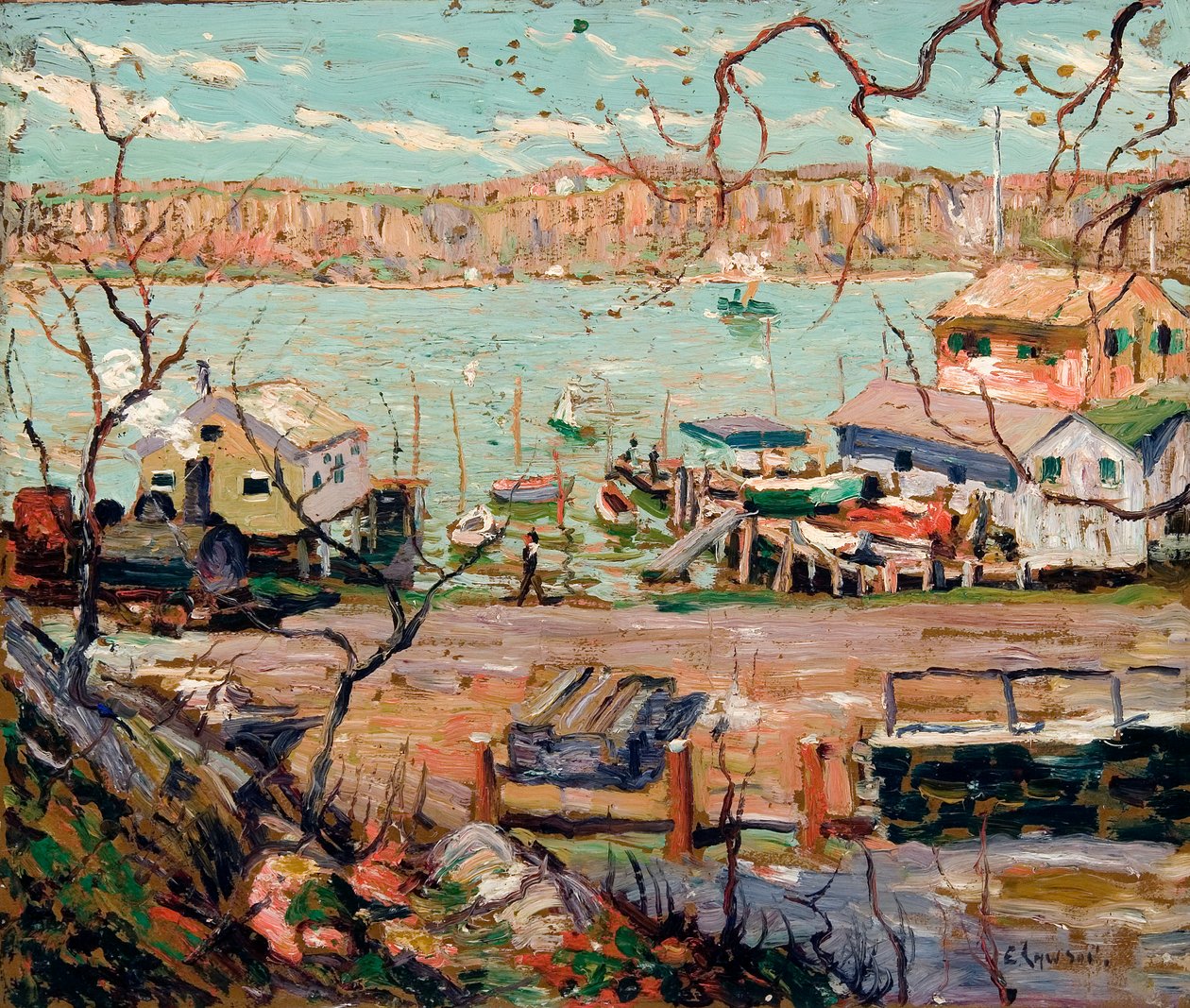 Rivierscène - boten en huizen door Ernest Lawson