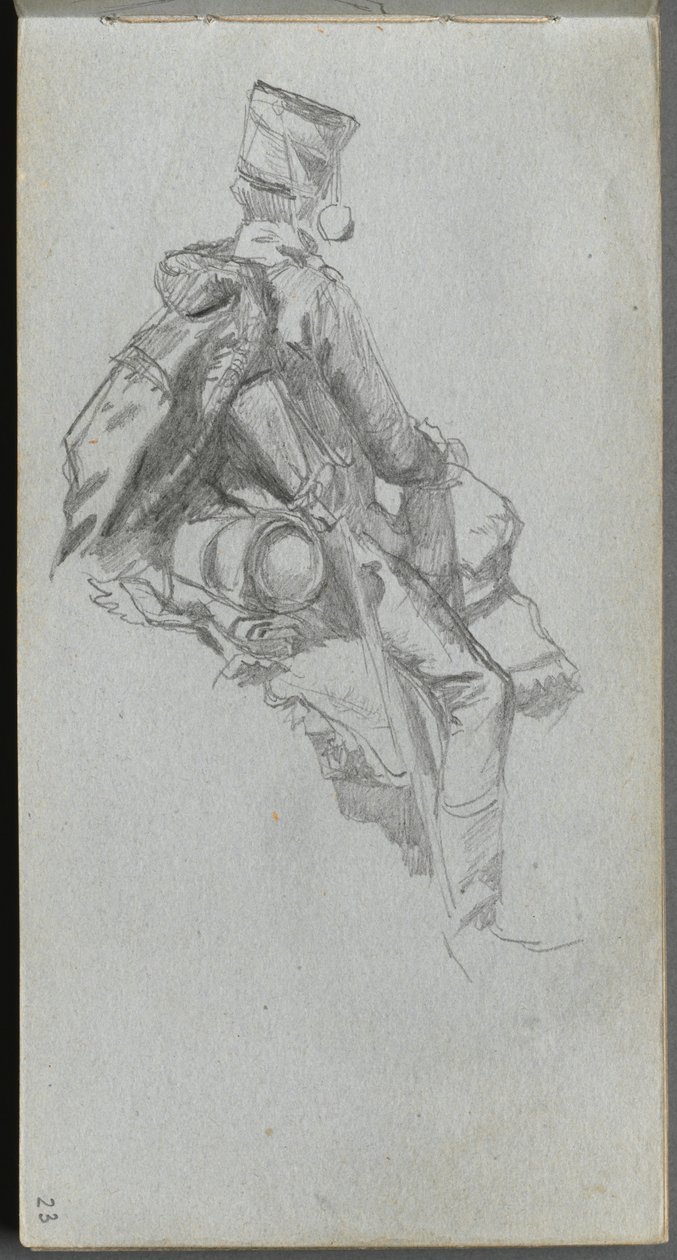 Schetsboek, pagina 23: Zittende soldaat door Ernest Meissonier