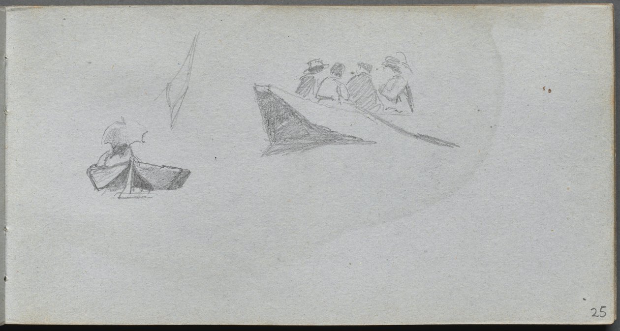 Schetsboek, pagina 25: Studies van figuren in boten door Ernest Meissonier