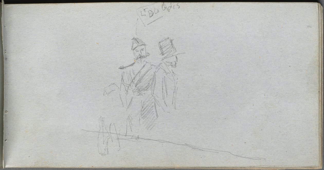 Schetsboek, pagina 38: Studie van een soldaat en figuur met hoge hoed door Ernest Meissonier
