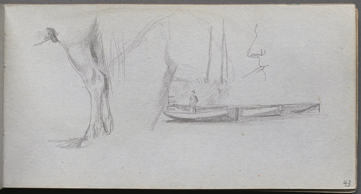 Schetsboek, pagina 43: Studies: Paardenbeen, figuur in een boot en profiel door Jean-Louis Ernest Meissonier