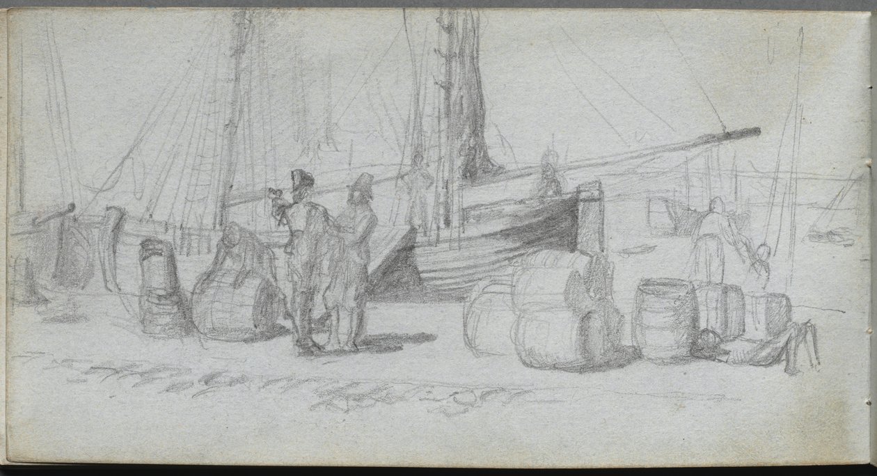 Schetsboek, pagina 50: Boten, figuren, vracht op een strand door Ernest Meissonier