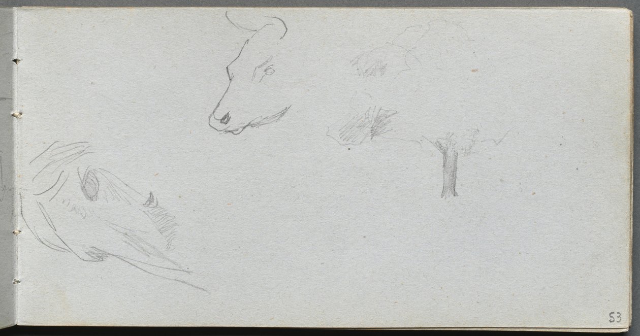 Schetsboek, pagina 53: Dierstudies en Boomstudie door Ernest Meissonier
