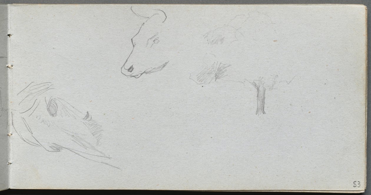 Schetsboek, pagina 53: Dierstudies en Boomstudie door Jean Louis Ernest Meissonier