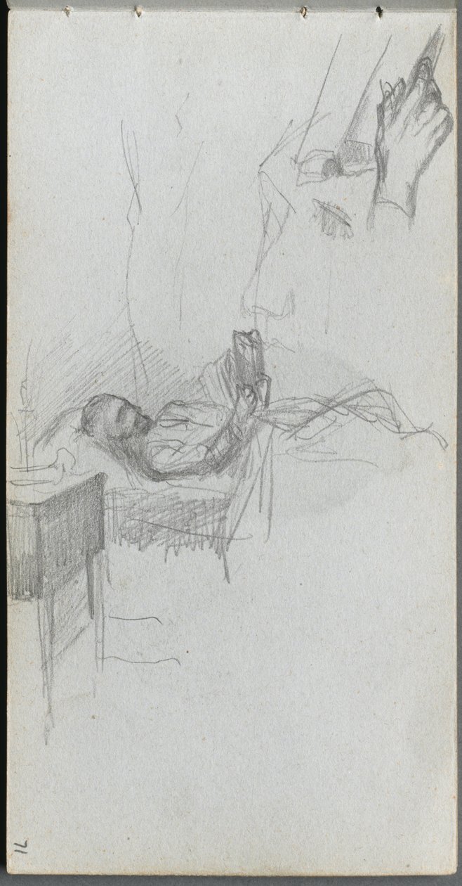 Schetsboek, pagina 71: Studie van een figuur lezend in bed, studie van een hand door Jean Louis Ernest Meissonier