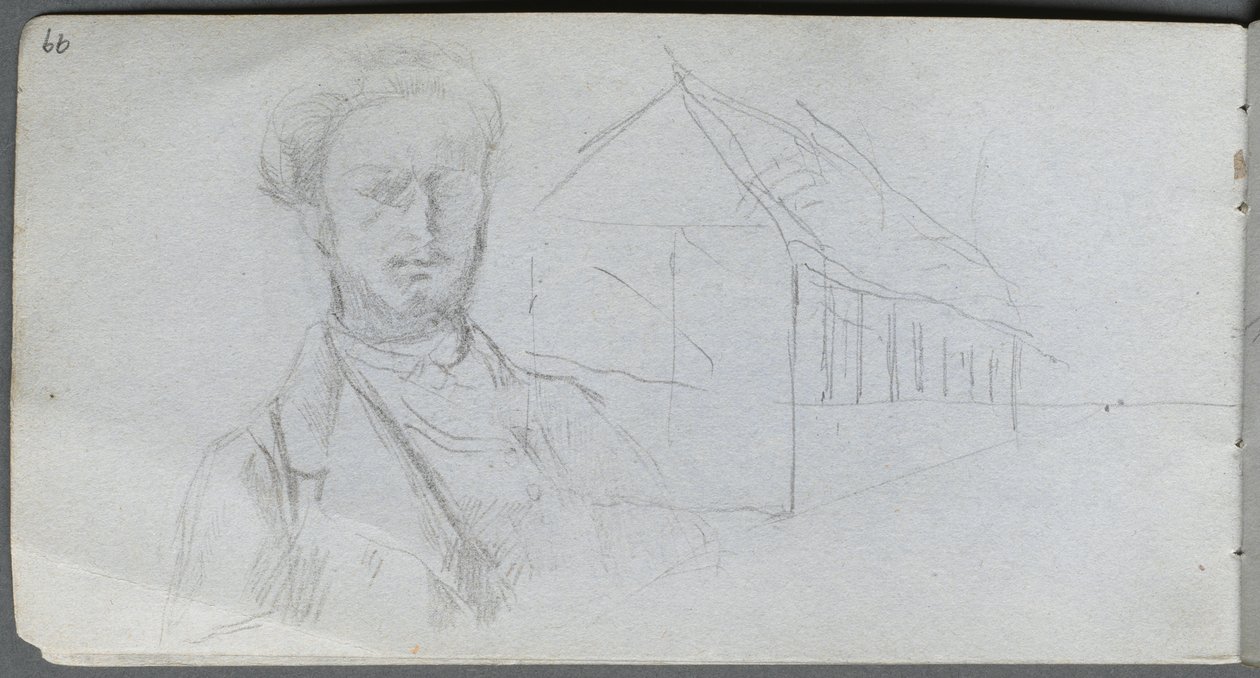 Schetsboek, pagina 99: Studie van figuur, gebouw door Jean Louis Ernest Meissonier