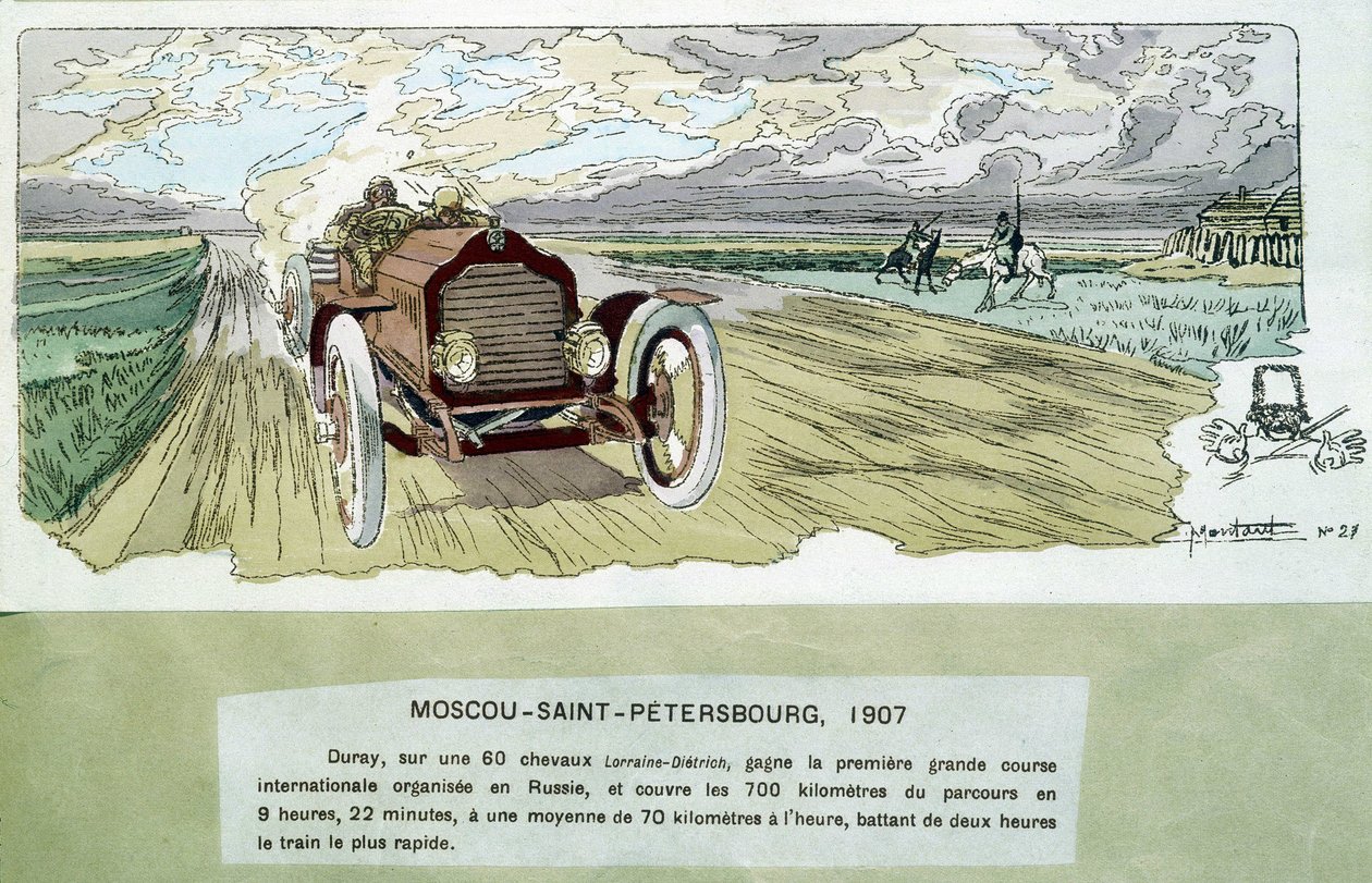 Autorace: Moskou - Sint-Petersburg, circa 1900 - tekening door Ernest Montaut (1878-1909) door Ernest Montaut