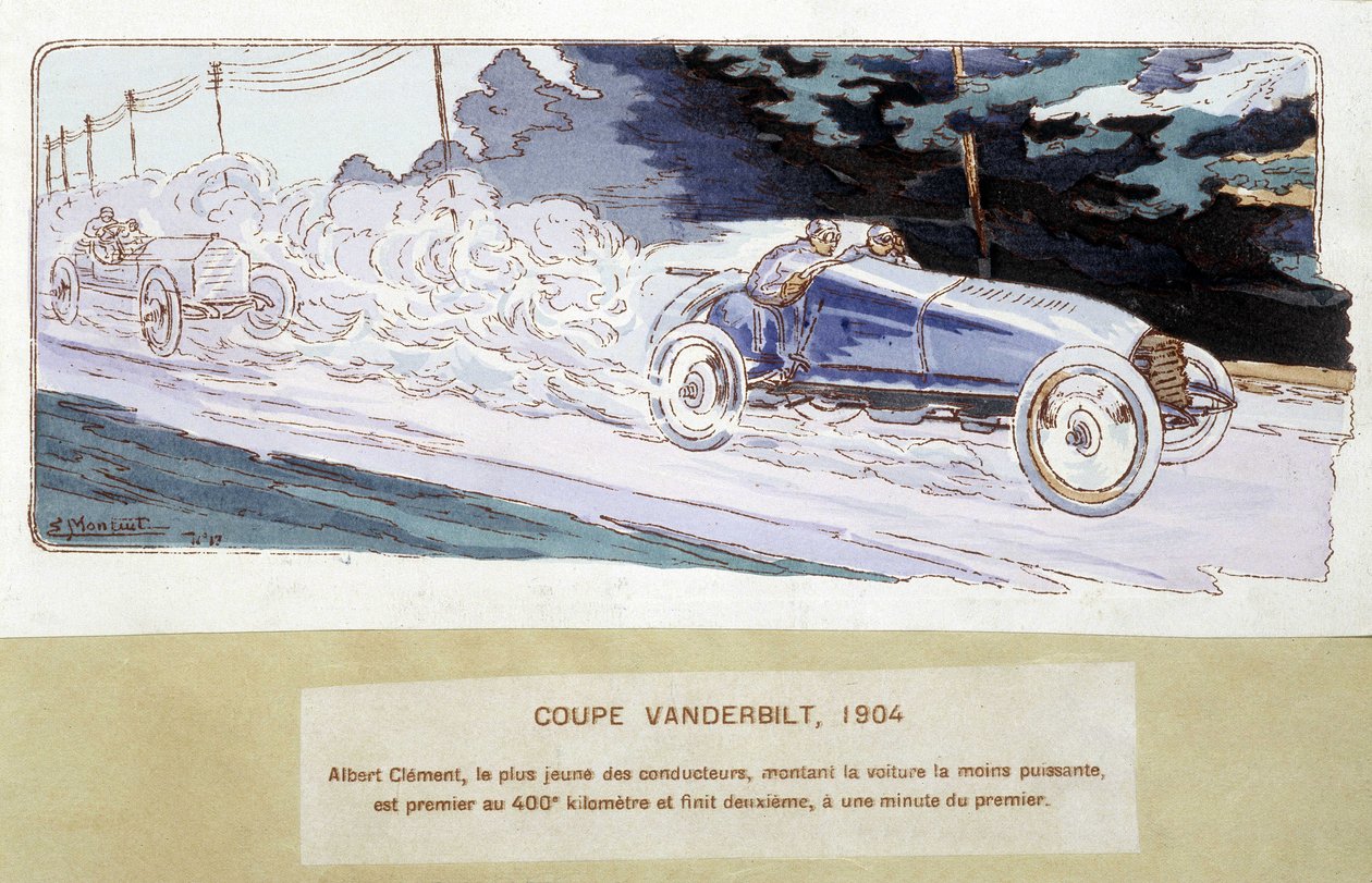 Racen: de Vanderbilt Cup in 1904 - tekening door Ernest Montaut (1878-1909) door Ernest Montaut