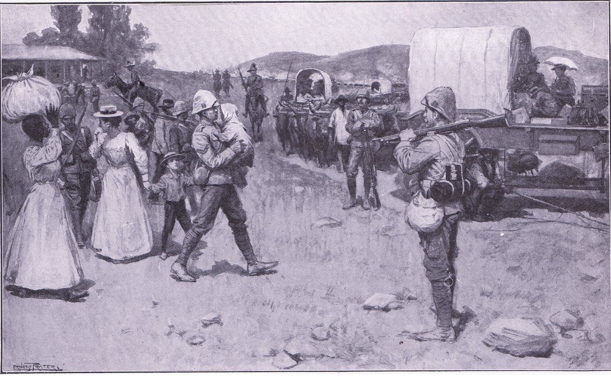 Britse soldaten helpen Boerenvluchtelingen, illustratie uit Na Pretoria: De Guerrillaoorlog, 1902 door Ernest Prater