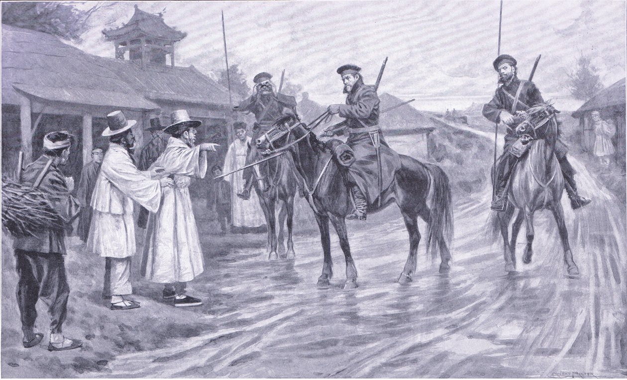 Kozakkenverkenners verzamelen informatie van een Koreaanse gevangene, illustratie uit Cassells History of the Russo-Japanese War Vol 1, ca. 1900 door Ernest Prater