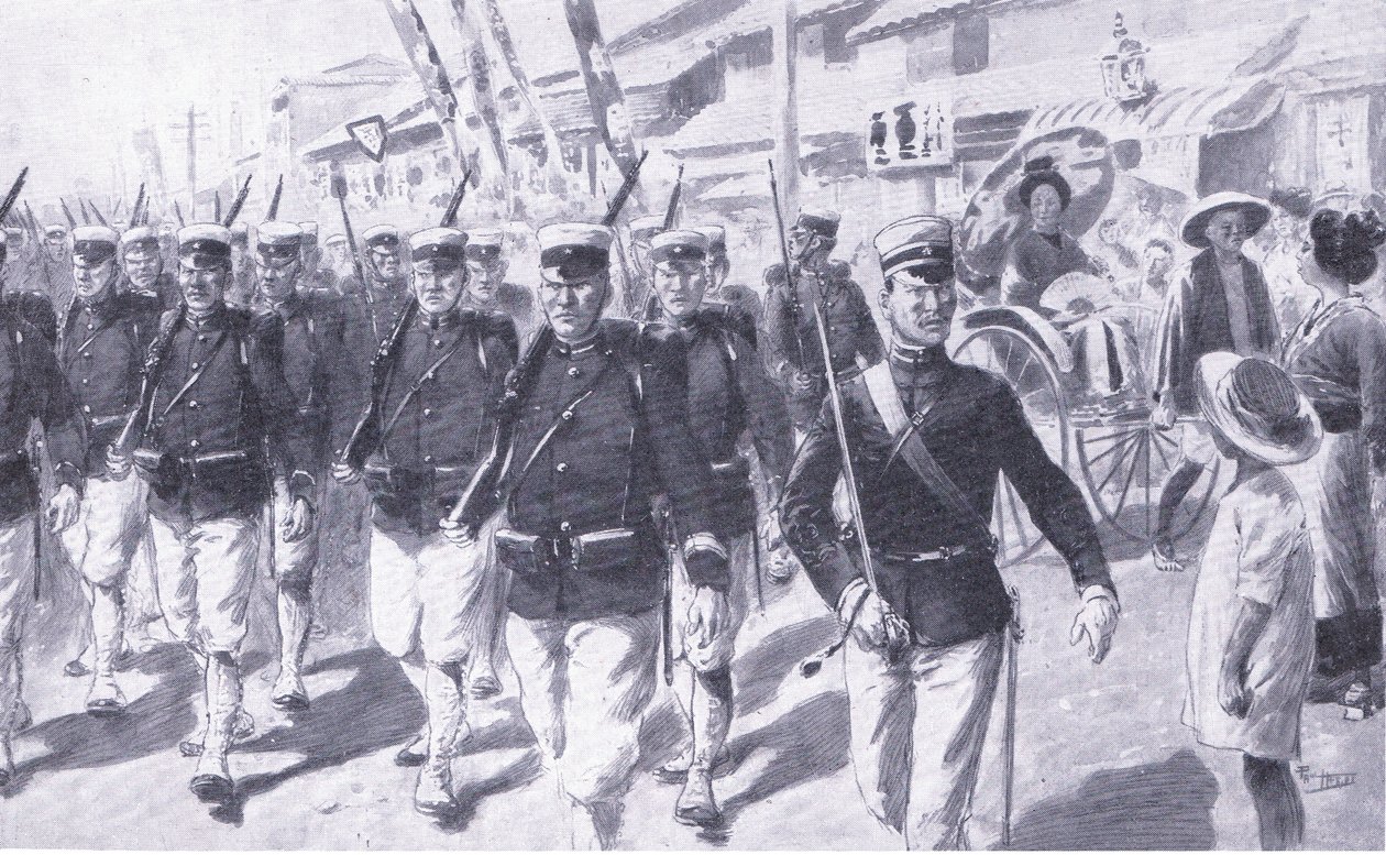 Japanse mars door Tokio, illustratie uit Cassells Geschiedenis van de Russisch-Japanse Oorlog Vol 1, ca. 1900 door Ernest Prater