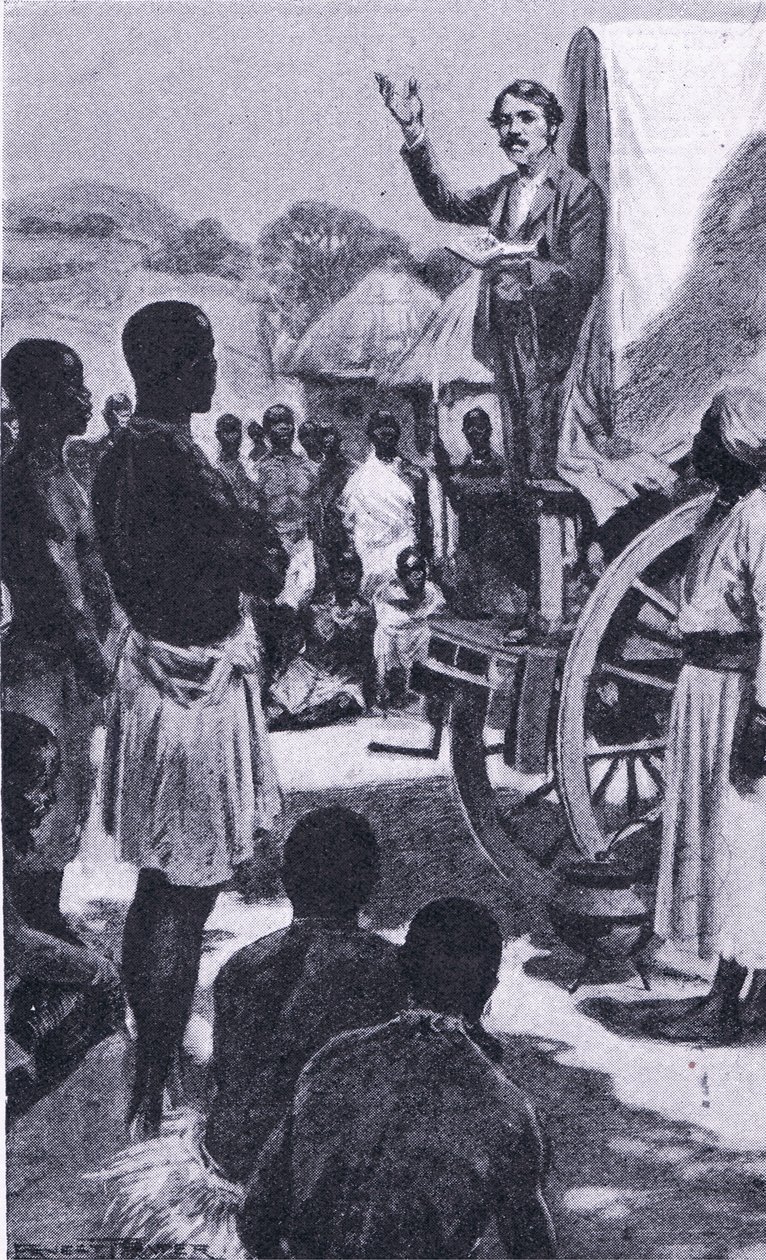 Prediken voor de Makololo: Livingstone, illustratie uit Cassells Romance of Famous Lives, ca. 1940 door Ernest Prater
