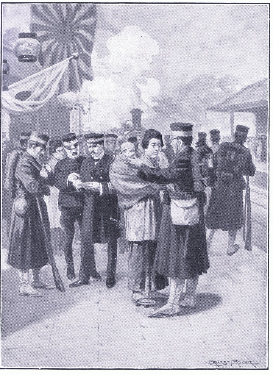 Troepen verlaten Tokio, illustratie uit Cassells History of the Russo-Japanese War Vol 1, ca. 1900 door Ernest Prater