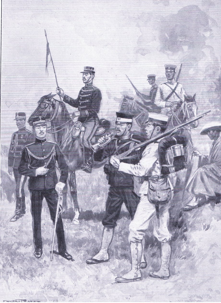 Typen van Japanse soldaten, illustratie uit Cassells Geschiedenis van de Russisch-Japanse Oorlog Vol 1, ca. 1900 door Ernest Prater