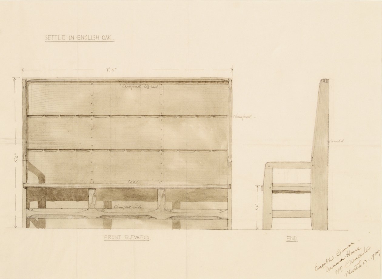 Ontwerp voor Zitbank in Engels Eiken, 1909 door Ernest William Gimson