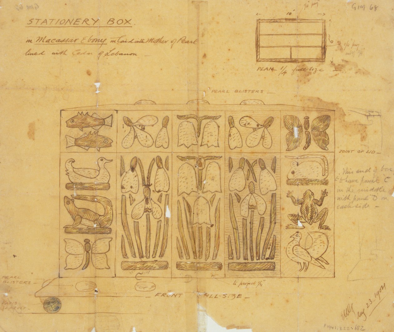 Ontwerp voor Briefpapierdoos in Macassar Ebbenhout ingelegd met Parelmoer, 1904 door Ernest William Gimson