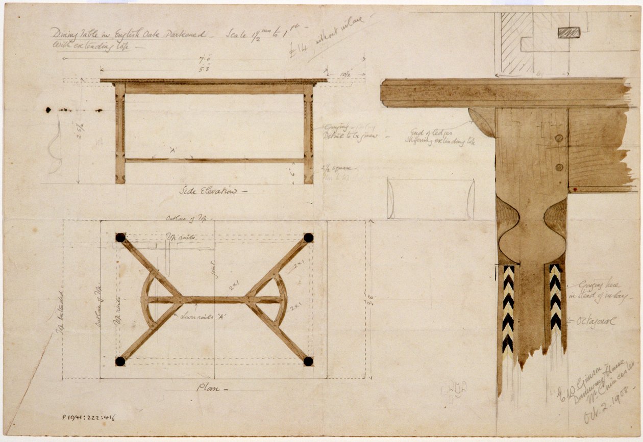 Ontwerp voor een eettafel in Engels eiken, verduisterd, met een hooihark strekker, 2 oktober 1908 door Ernest William Gimson