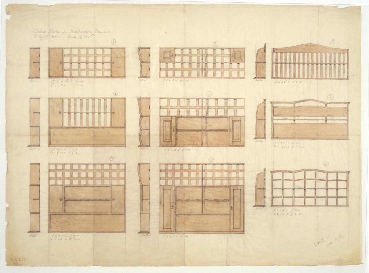 Ontwerpen voor Porseleinkasten, Dressoirs en Buffetten in Engels Eiken, 1906 door Ernest William Gimson