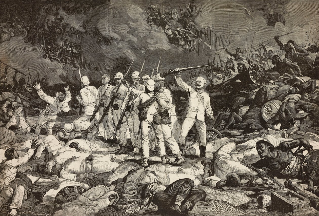 Slag bij Dogali, laatste overlevenden brengen eerbetoon aan gevallenen, Eritrese Oorlog, gravure door Ernesto Mancastroppa en Cantagalli naar tekening en compositie van Ludovico Pogliaghi, uit L
