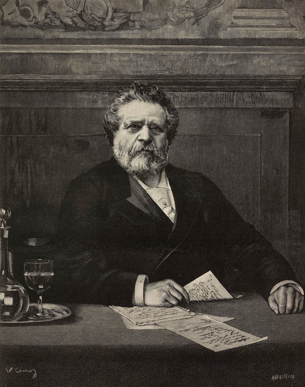 Giosue Carducci, Italiaanse dichter en schrijver, Nobelprijswinnaar in 1906, gravure door Ernesto Mancastroppa naar schilderij van Vittorio Corcos, uit L
