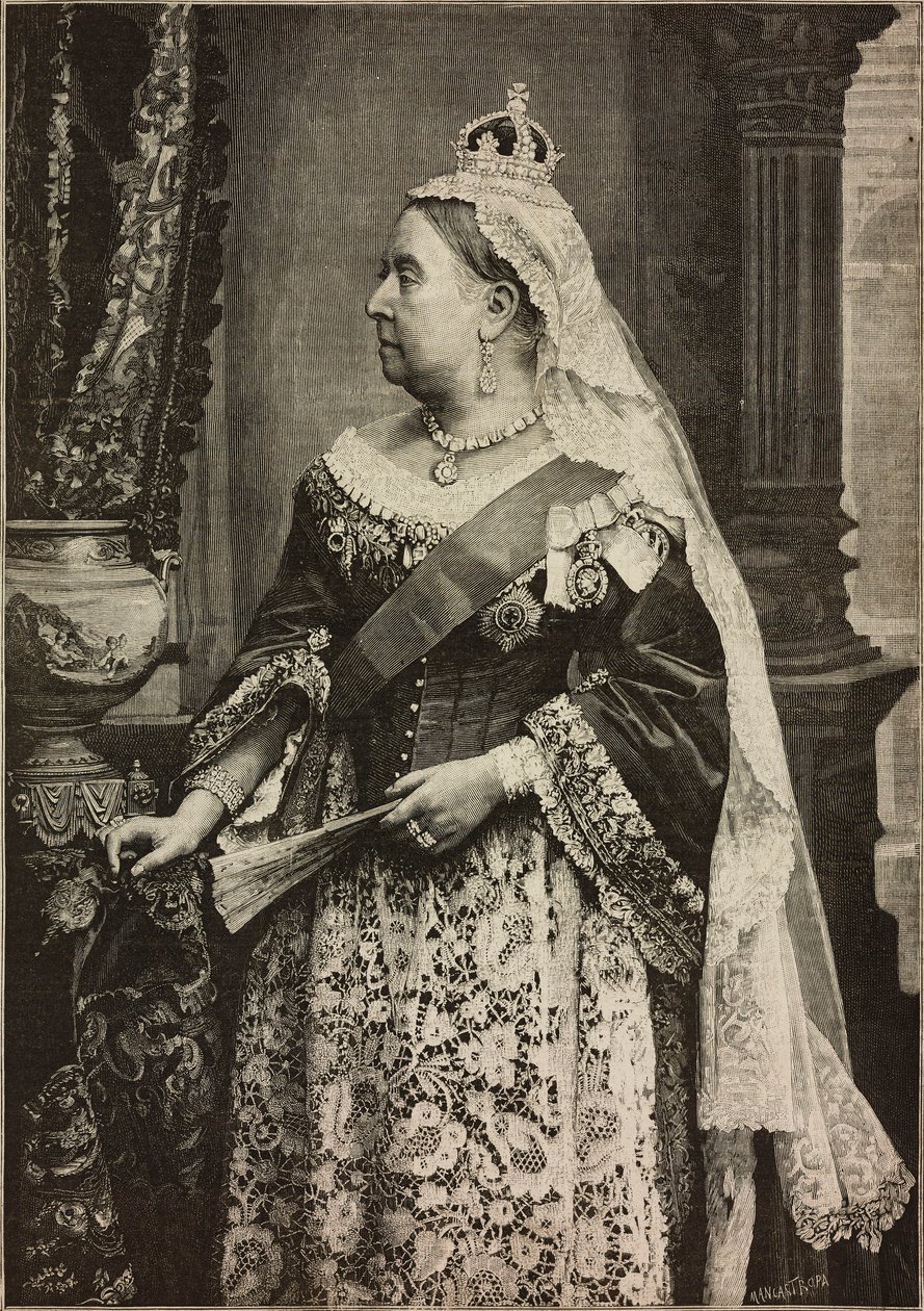 Hare Majesteit Koningin Victoria bij viering van 50e verjaardag van haar kroning, gravure door Ernesto Mancastroppa naar foto van Walery, uit L
