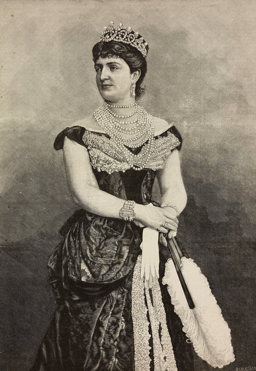 Margaretha van Savoye (1851-1926), Koningin van Italië van 1878 tot 1900, foto door Cattani, Bertelli en de Hagen, gravure door Ernesto Mancastroppa uit L