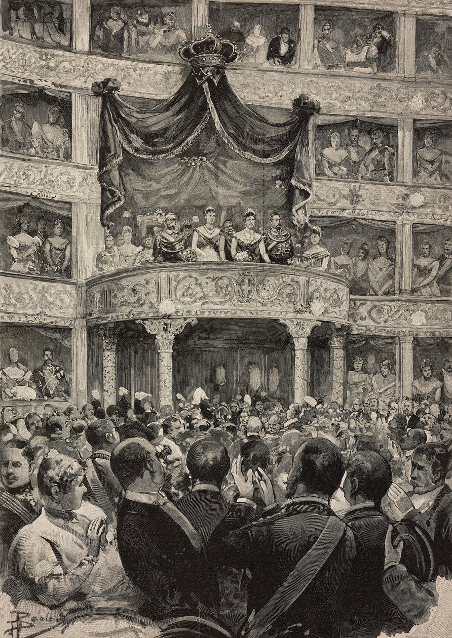 Umberto I en Margherita van Savoye, vergezeld door vorsten van Duitsland, in Teatro Argentina ter gelegenheid van zilveren huwelijksviering, 21 april door Ernesto Mancastroppa