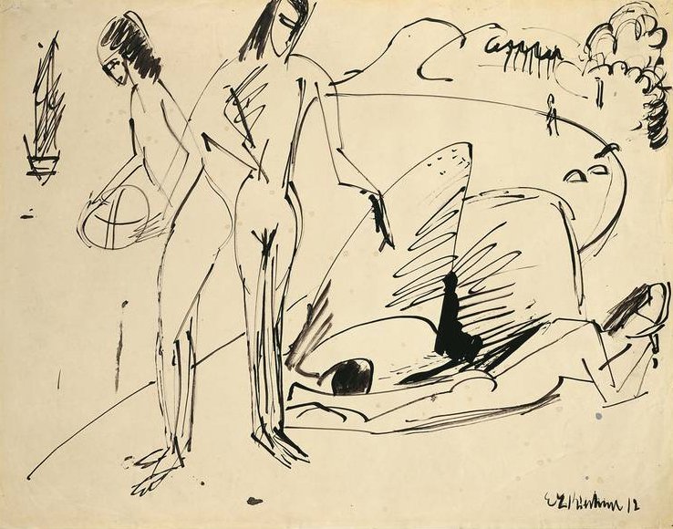 Badende op het strand van Fehmarn door Ernst Ludwig Kirchner