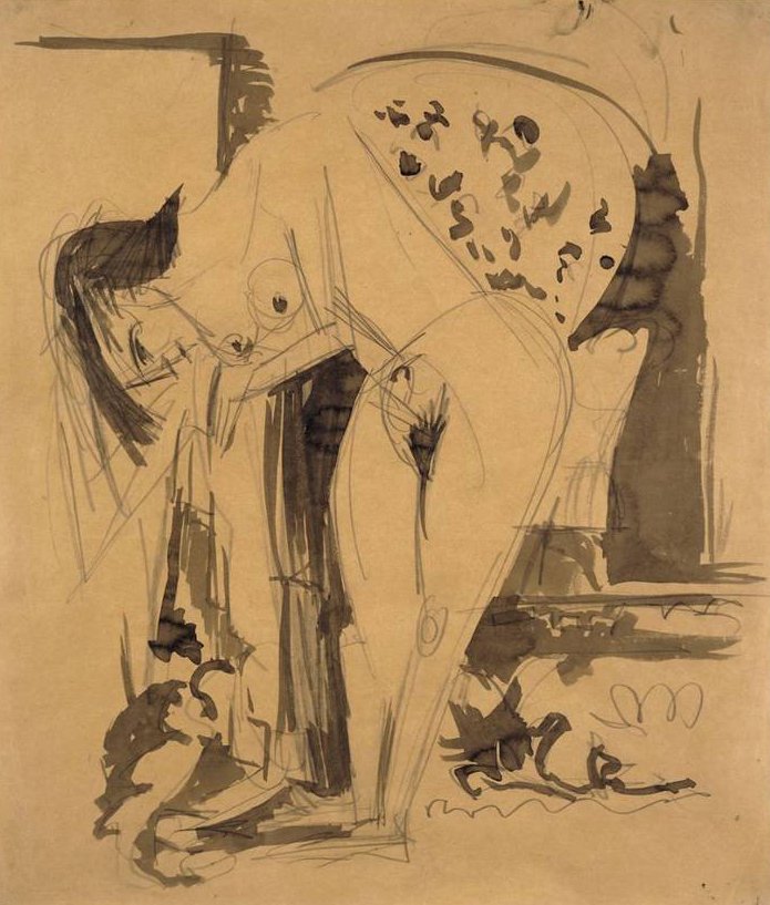 Bukkende naakt in de kamer door Ernst Ludwig Kirchner